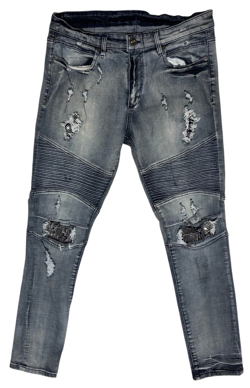 Rue21 Distressed Skinny Biker Jean's with Heavy Embellishments Tag 34 Actual 32